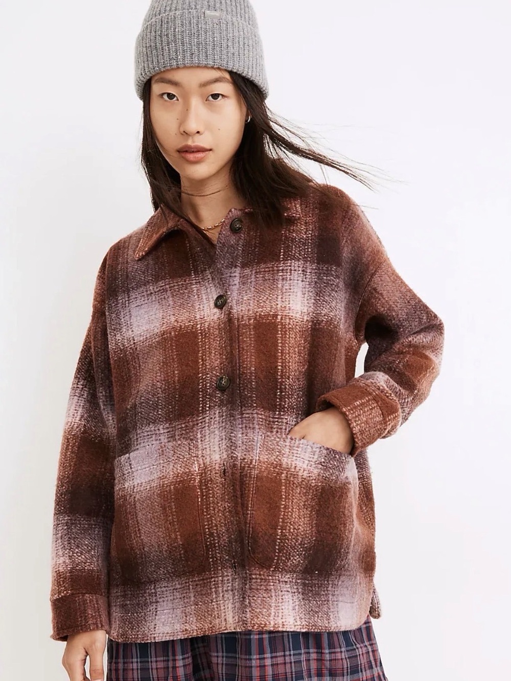 Madewell Brushed Plaid Knit Shirt Jacket pink brown Shacket Coat Size XS